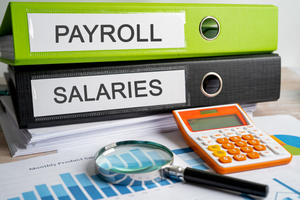 Payroll, Salaries. Binder data finance report business with grap